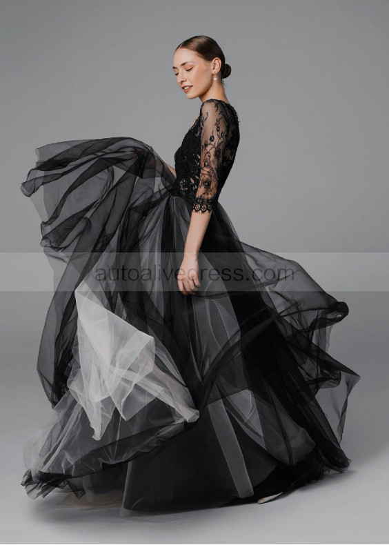 Black Eyelash Lace Tulle Chic Wedding Dress